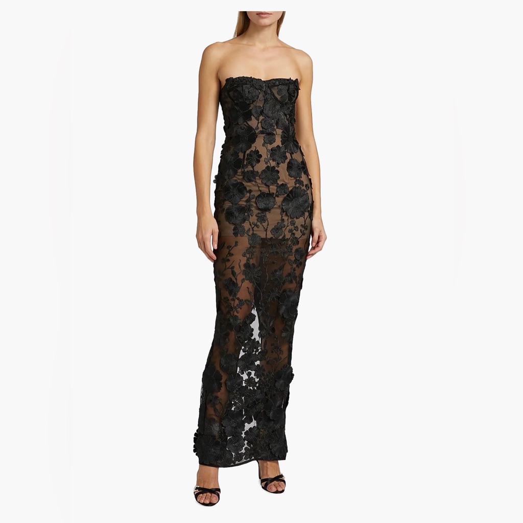 Bronx And Banco Jasmine Floral-Embroidered Sheer Maxi Dress Black Large L
